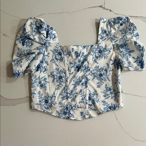Floral Puff Sleeve Top - Blue and White